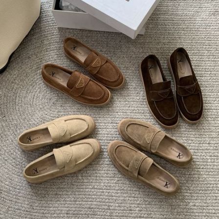 新款真皮秋冬明星同款女鞋一脚蹬乐福鞋子女款秋冬豆豆百搭后妈鞋