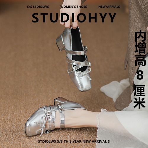 【禾央央】8cm内增高玛丽珍鞋女粗跟蝴蝶结女士一字带浅口高跟单鞋主图