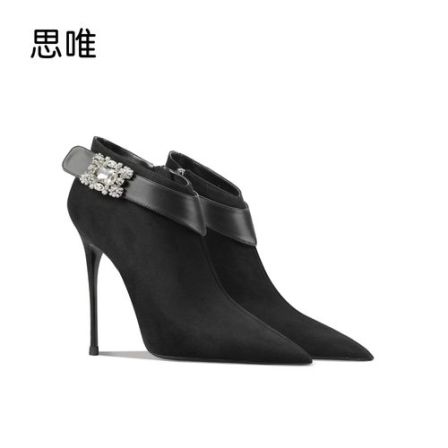 黑色绒面时装靴2024年秋冬新款女细跟尖头高跟靴保暖时尚百搭短靴