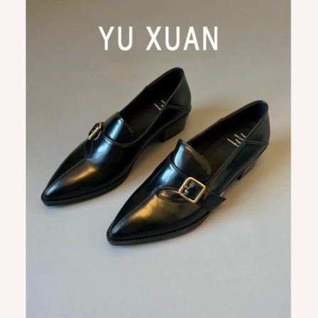 羊皮版~金属扣法式尖头粗跟一脚蹬乐福鞋女通勤复古单鞋真皮女鞋