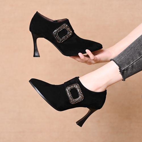 真皮羊皮水钻扣深口单鞋女春秋新款绒面百搭气质侧拉链细跟高跟鞋主图