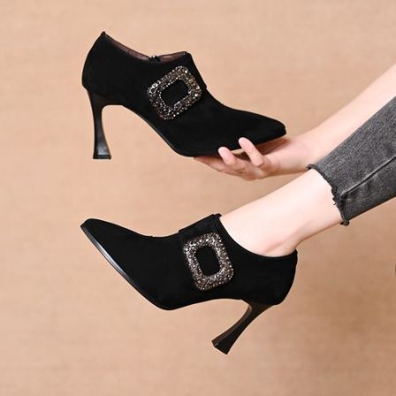 真皮羊皮水钻扣深口单鞋女春秋新款绒面百搭气质侧拉链细跟高跟鞋