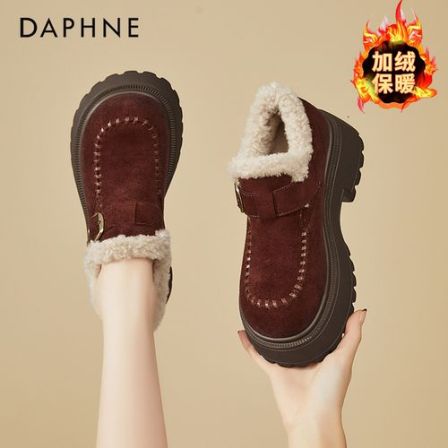 达芙妮厚底增高加绒雪地靴女冬季新款毛毛鞋勃肯鞋红色乐福鞋棉鞋