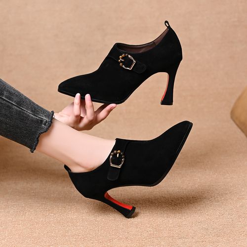 真皮羊皮魔术贴金属扣高跟鞋2025春秋新款尖头百搭磨砂皮深口单鞋主图