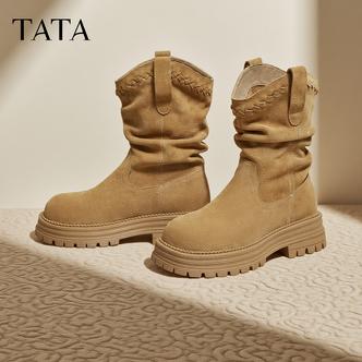 【琥珀流光】TATA他她2025冬新款休闲厚底西部靴复古堆堆靴CHT01DS5主图
