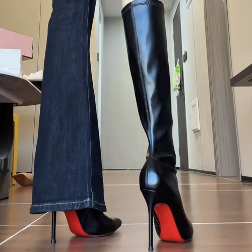 2025秋季新款不过膝高跟靴长筒靴拉链款黑色皮面长靴尖头单靴主图