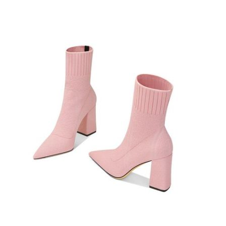 爆款甜美小个子粉色高跟秋冬新款粗跟尖头气质百搭针织弹力袜靴女