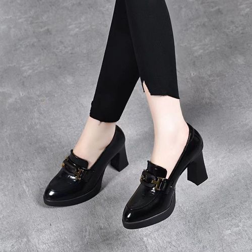 防水台高跟鞋女粗跟春秋尖头英伦百搭小皮鞋2024春季新款厚底单鞋主图