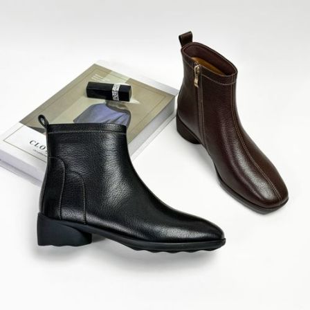 3CM低跟秋冬短靴上新时尚休闲百搭真皮粗跟潮流英伦风复古加绒