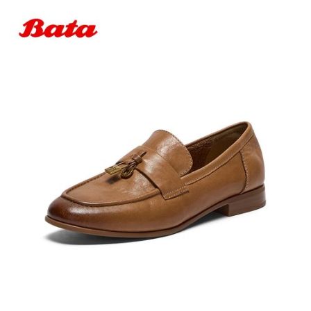 Bata乐福鞋女2025秋季新款复古英伦风牛皮通勤粗跟单鞋23018CA5