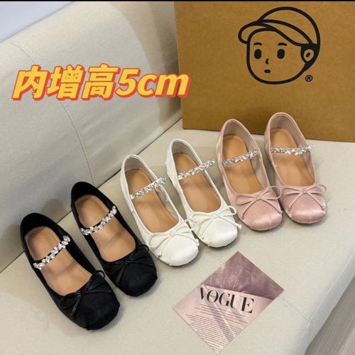 5cm小个子隐形增高芭蕾舞鞋女2024水钻蝴蝶结浅口绸缎外穿单鞋女主图