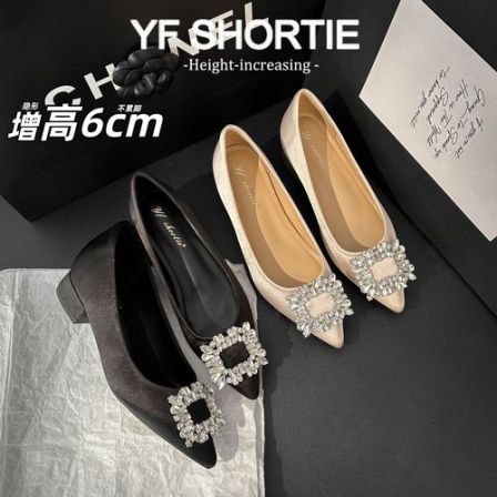 小个子增高6CM水钻方扣缎面单鞋女26新款法式尖头不累脚粗跟婚鞋