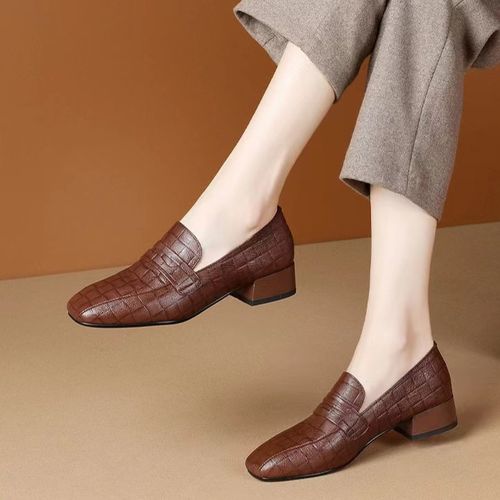 2025春季新款女鞋方头粗跟单鞋女羊皮女士小皮鞋百搭棕色低跟鞋子主图