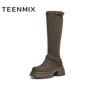 天美圆头意冬新款粗跟增高休闲厚底百搭通勤长靴女弹力靴KTX01DG4