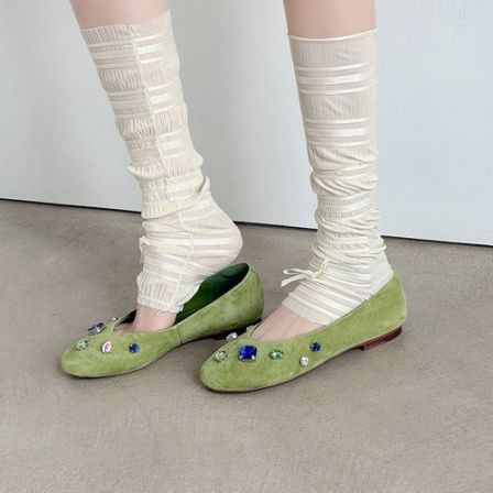 戈森定制法式水钻单鞋女2026新款绿色真皮浅口圆头平底百搭奶奶鞋