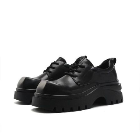 新款英伦风7公分增高男士皮靴时尚系带德比鞋方头休闲皮鞋黑色