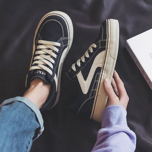 人本黑白帆布鞋男2026春季新款低帮系带运动休闲板鞋百搭透气男鞋主图