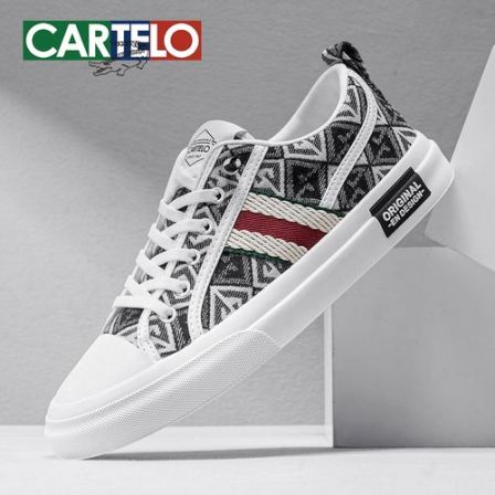 卡帝乐鳄鱼男士休闲板鞋秋冬男鞋复古流光风印花帆布鞋时尚刺绣潮