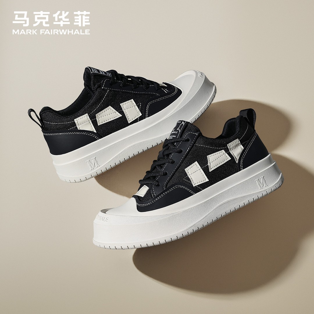 马克华菲帆布鞋男款2026新款秋冬季黑白百搭男士板鞋厚底休闲男鞋主图