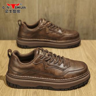 公牛世家男鞋秋季厚底运动工装板鞋男士新款英伦复古男士休闲皮鞋主图