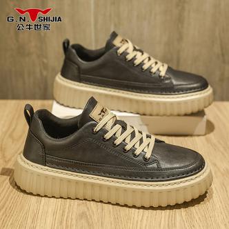 公牛世家男鞋秋季皮面低帮运动厚底板鞋男士百搭英伦复古休闲皮鞋主图