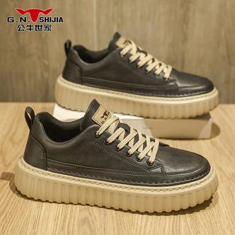 公牛世家男鞋秋季皮面低帮运动厚底板鞋男士百搭英伦复古休闲皮鞋