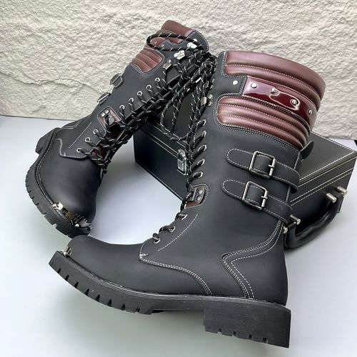 男青年帅气长筒朋克铆钉骑士机车靴时装靴户外潮流防风大头工装靴主图