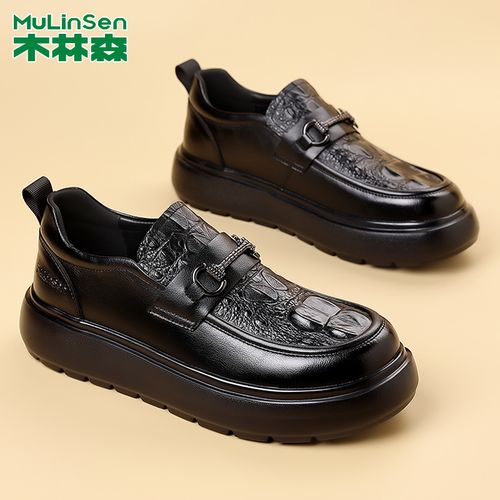 木林森2026真皮男士圆头休闲皮鞋商务一脚蹬厚底时尚百搭男款皮鞋主图