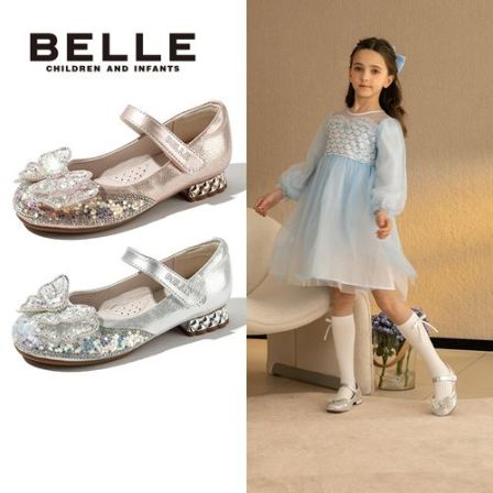 百丽亮片春季小高跟公主皮鞋小女孩女童秋季时尚中大童RK0099