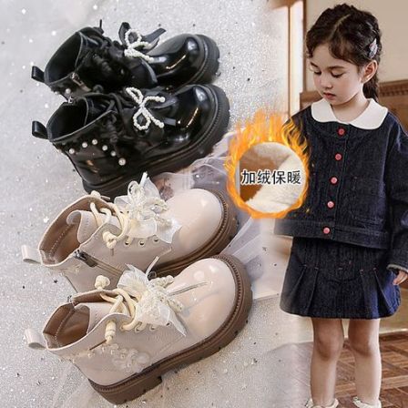 儿童纯色棉靴2026秋冬新款加绒女童珍珠花朵蝴蝶结防滑保暖马丁靴