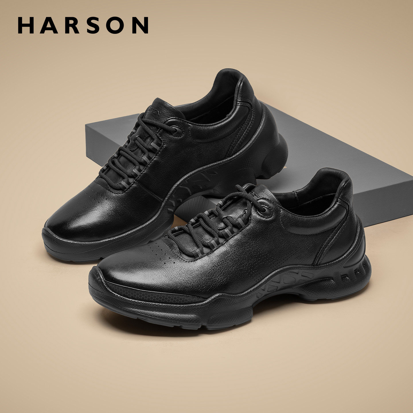 哈森男鞋春季软底男士皮鞋商务休闲鞋低帮真皮全黑公务鞋通勤鞋子主图