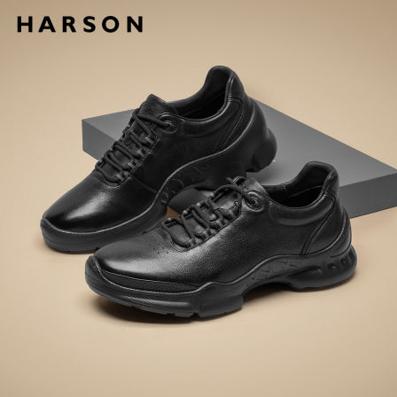 哈森男鞋春季软底男士皮鞋商务休闲鞋低帮真皮全黑公务鞋通勤鞋子