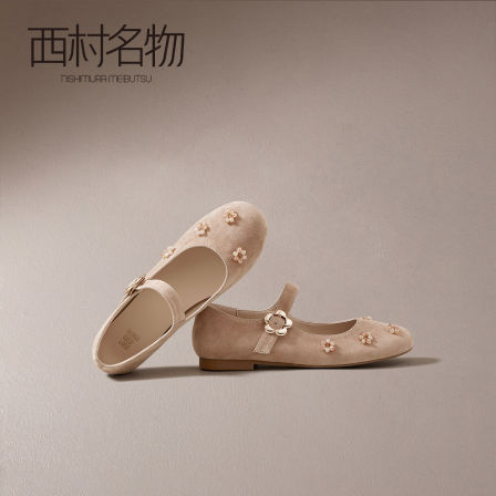 西村名物2026春季新款平底鞋女一字带玛丽珍单鞋水钻花朵芭蕾舞鞋