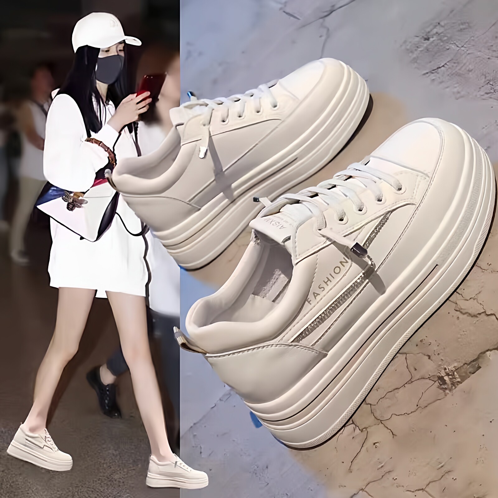 厚底女鞋2026新款春季爆款百搭一脚蹬小个子增高真皮小白鞋配裙子主图