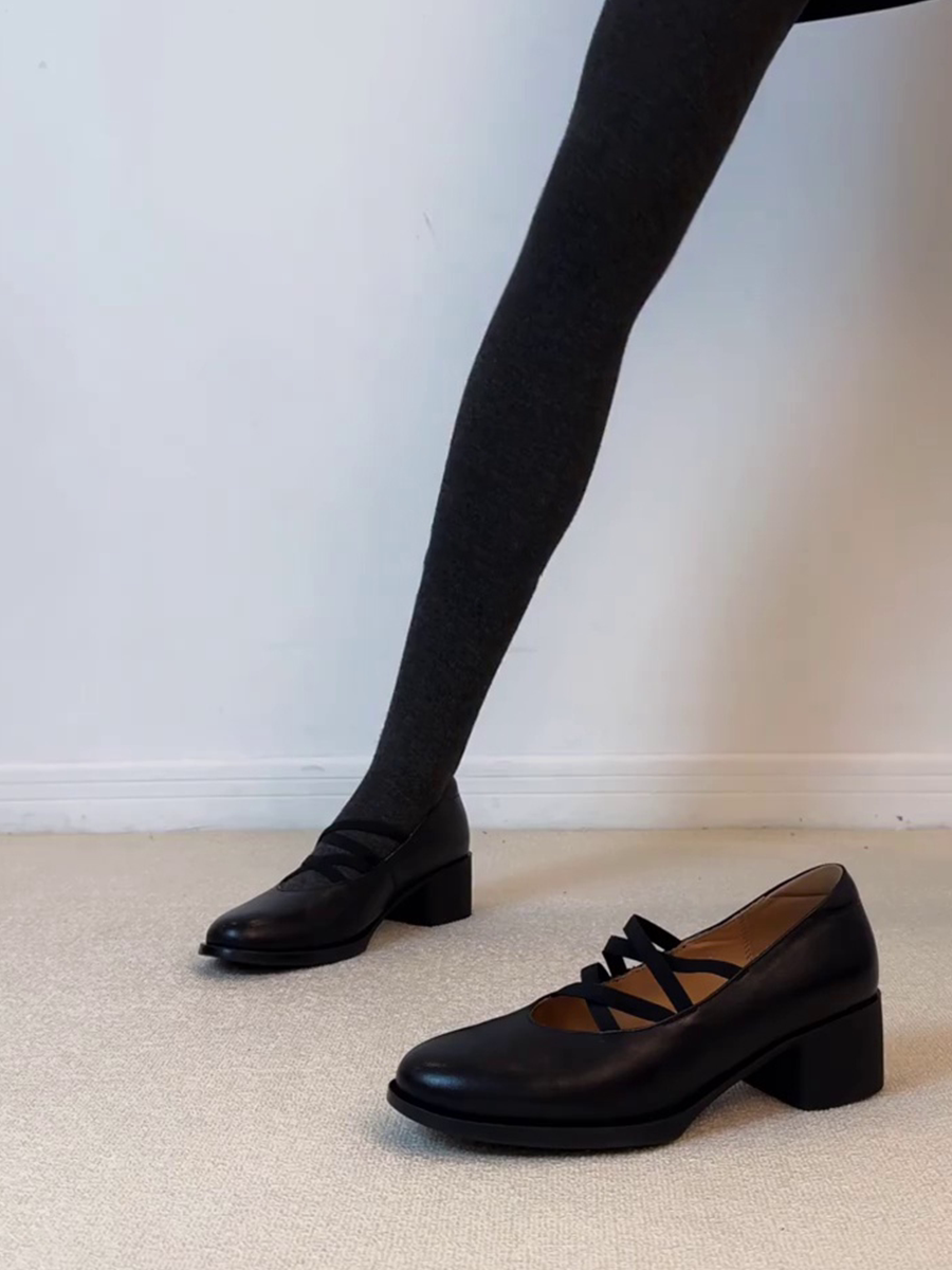 羊皮版~粗跟日常乐福鞋圆头女鞋交叉带芭蕾风小众设计优雅玛丽珍主图