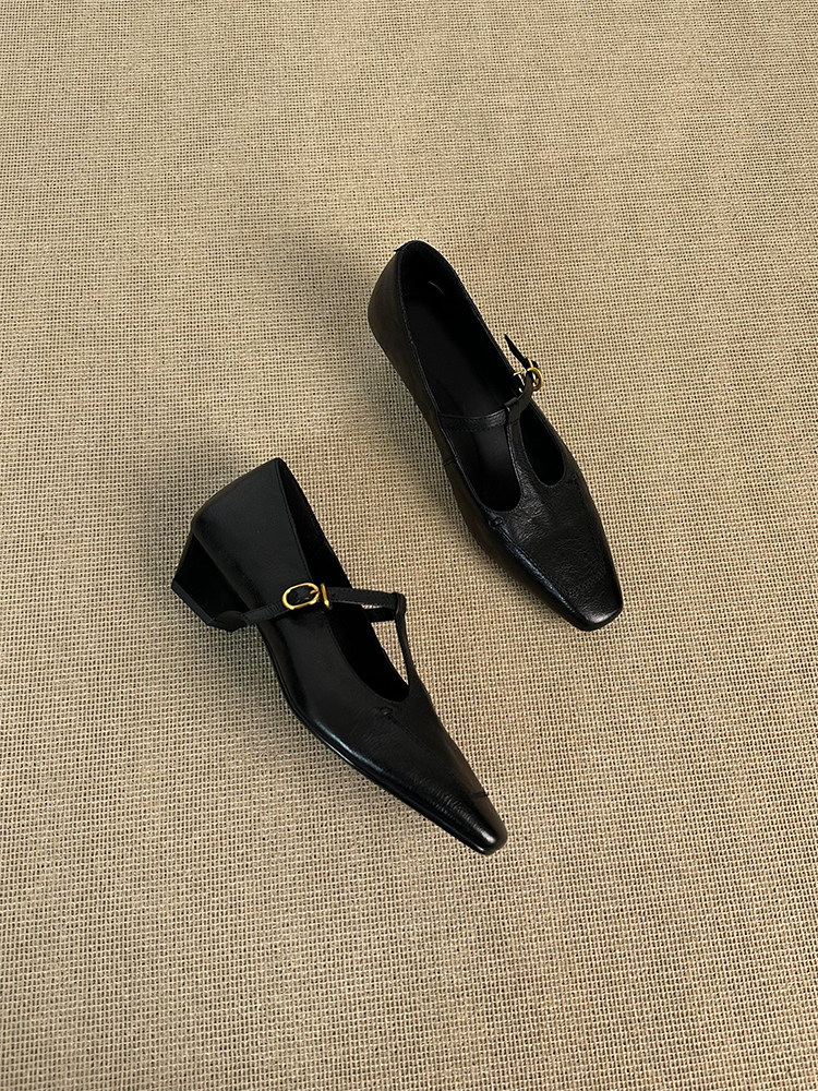 羊皮版~法式方头T字带玛丽珍鞋女粗跟浅口单鞋通勤百搭气质小皮鞋主图