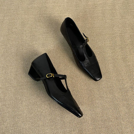 羊皮版~法式方头T字带玛丽珍鞋女粗跟浅口单鞋通勤百搭气质小皮鞋