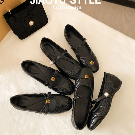 真皮~骄屿山茶花单鞋女2026春新款小香风内增高珍珠芭蕾玛丽珍鞋