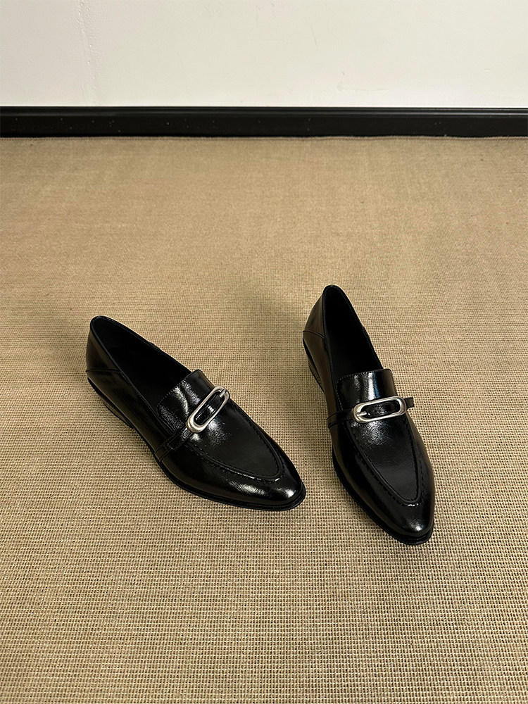 羊皮版~法式气质英伦风搭扣真皮乐福鞋女通勤一脚蹬黑色显瘦单鞋主图