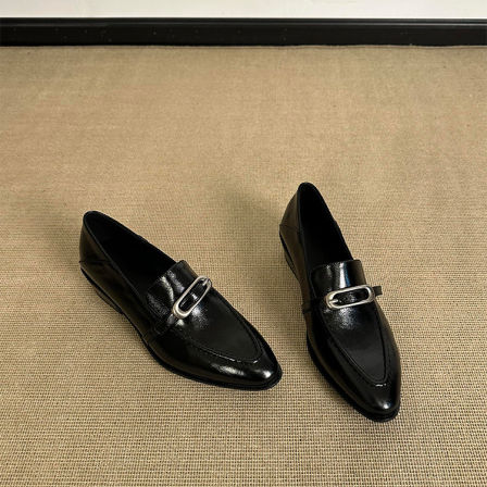 羊皮版~法式气质英伦风搭扣真皮乐福鞋女通勤一脚蹬黑色显瘦单鞋