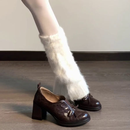 牛皮版~圆头英伦风复古蝴蝶结高跟乐福鞋一脚蹬小皮鞋女深口单鞋