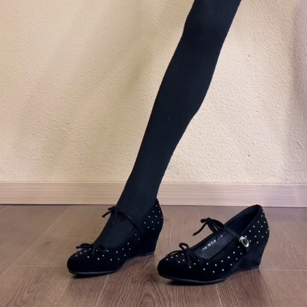 羊皮版~圆头浅口坡跟鞋防滑韩式单鞋通勤蝴蝶结水钻设计玛丽珍鞋