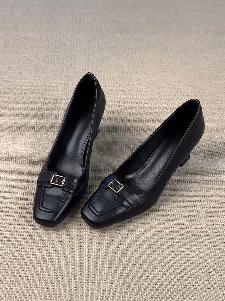 羊皮版~复古风高跟气质方头浅口单鞋女黑色金属扣粗跟通勤鞋懒人主图