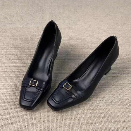 羊皮版~复古风高跟气质方头浅口单鞋女黑色金属扣粗跟通勤鞋懒人