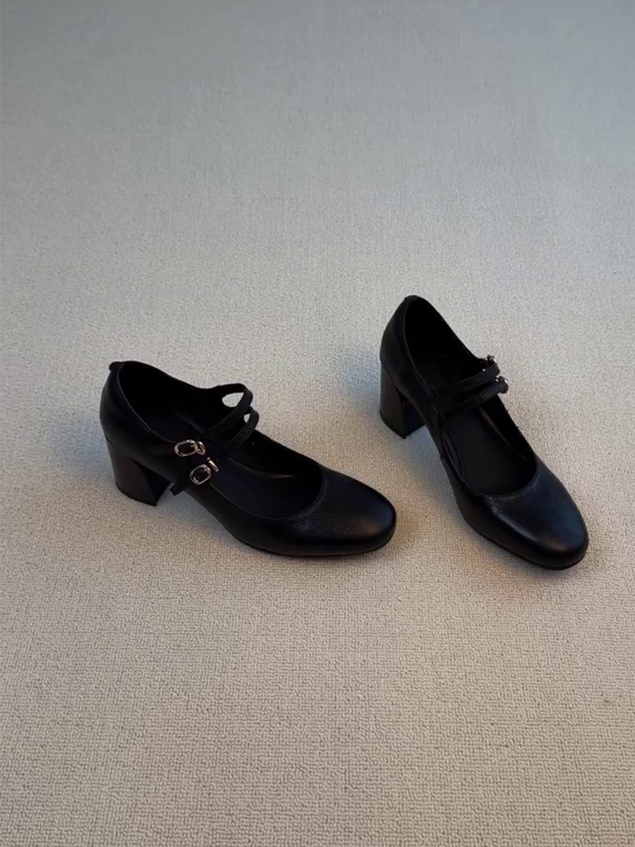 羊皮版~韩式方头粗跟百搭玛丽珍设计简约纯色一字带皮带扣高跟鞋主图