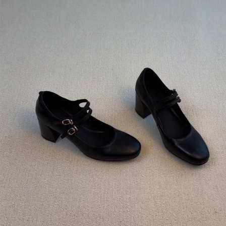 羊皮版~韩式方头粗跟百搭玛丽珍设计简约纯色一字带皮带扣高跟鞋