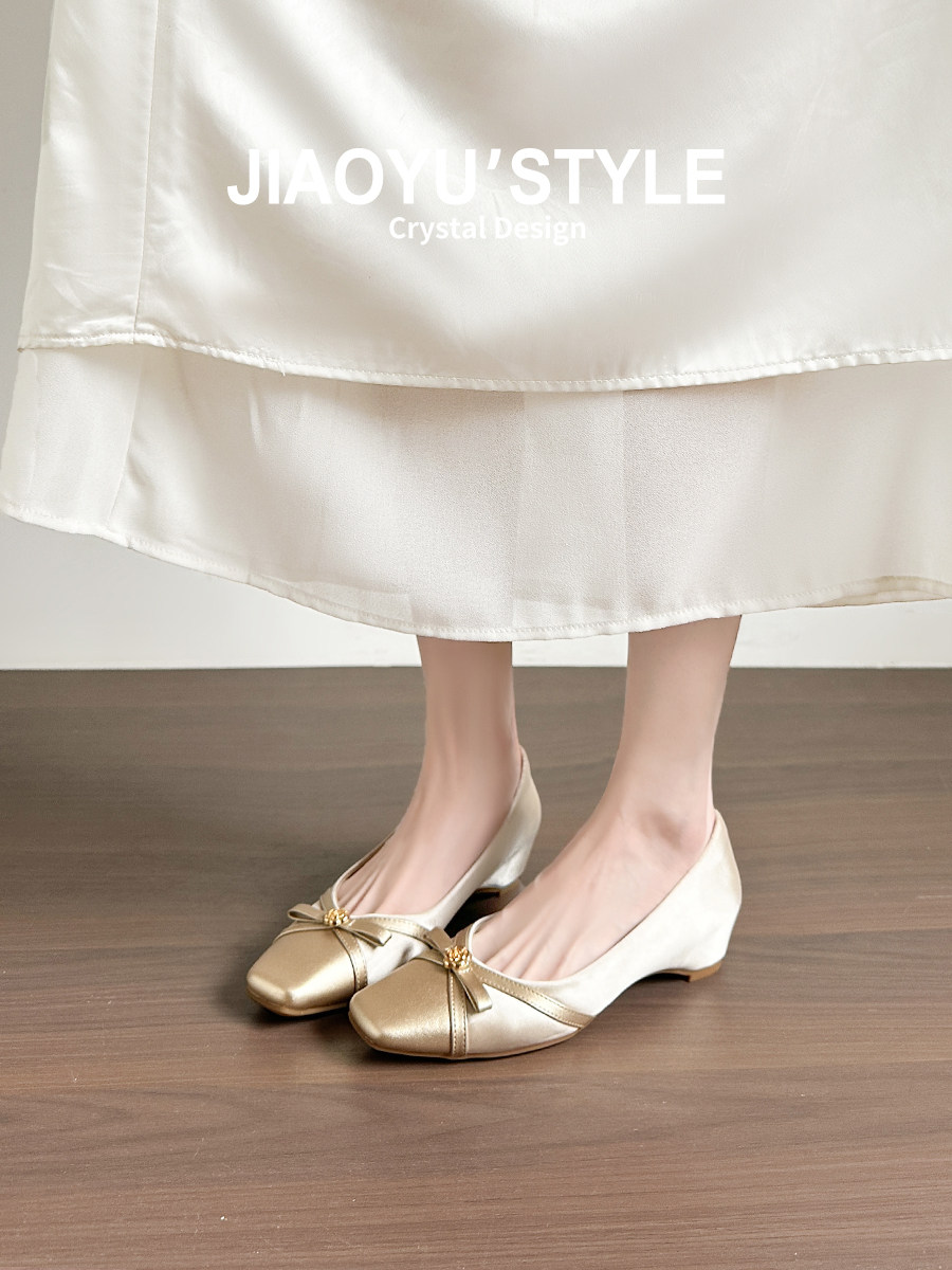 真皮~骄屿法式蝴蝶结方头浅口单鞋2026春新款配裙子粗跟玛丽珍鞋主图