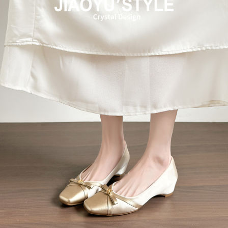 真皮~骄屿法式蝴蝶结方头浅口单鞋2026春新款配裙子粗跟玛丽珍鞋