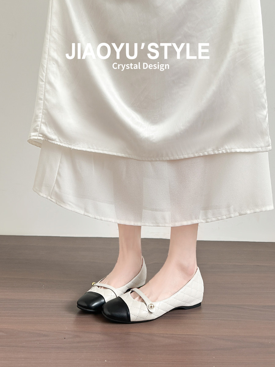 真皮~骄屿小香风菱格玛丽珍鞋2026新款拼色内增高一字带粗跟单鞋主图