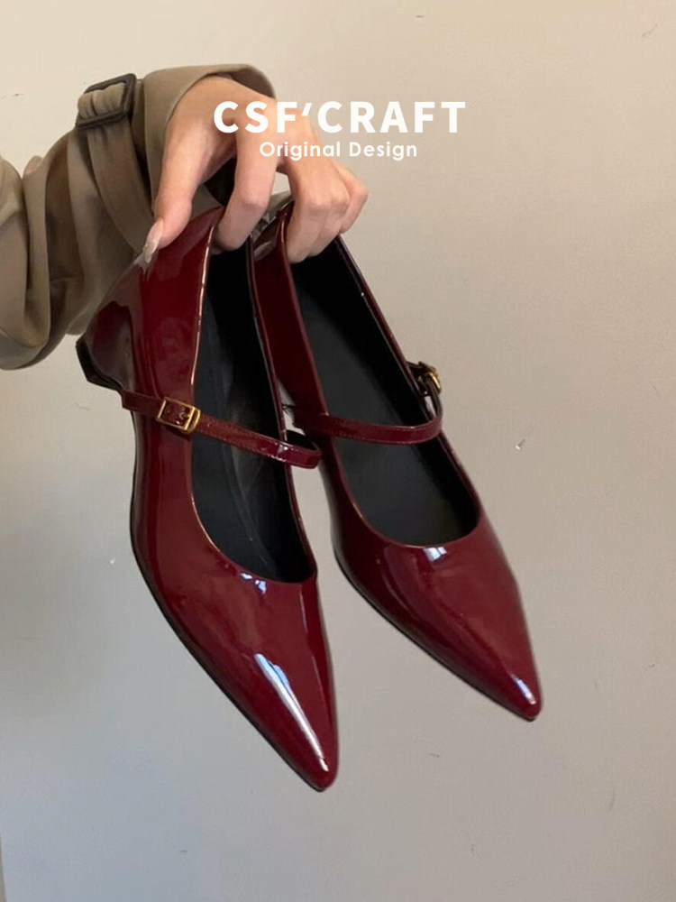 羊皮版~法式气质红色尖头包鞋女一字带扣内增高优雅时尚玛丽珍鞋主图